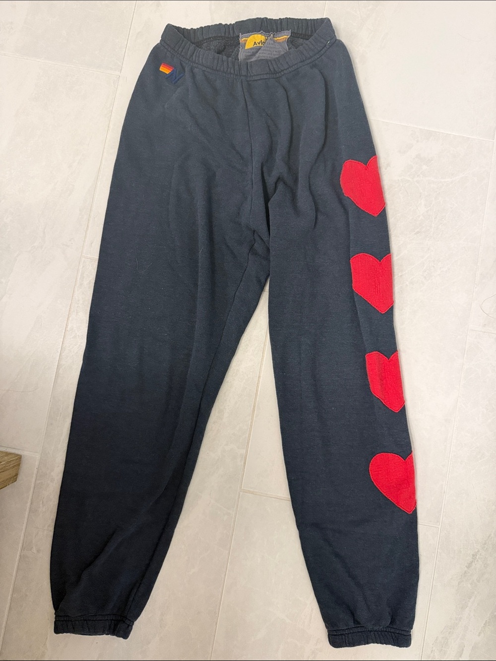 Aviator Nation Black Sweatpants with Red Heart Side Accents